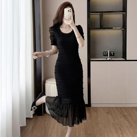 BY16482# 大码法式轻奢蕾丝镂空遮肉长裙胖mm夏季气质减龄显瘦肌理感连衣裙  服裝批發女裝批發服飾貨源