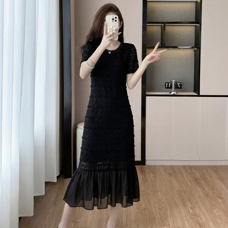 BY16482# 大码法式轻奢蕾丝镂空遮肉长裙胖mm夏季气质减龄显瘦肌理感连衣裙  服裝批發女裝批發服飾貨源