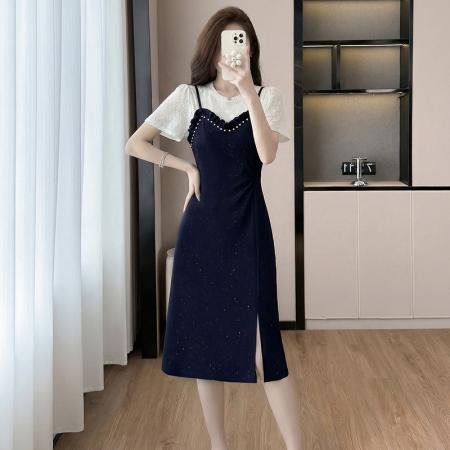 时尚高级设计师夏季新款气质女装拼接重工褶皱显瘦连衣裙  服裝批發女裝批發服飾貨源