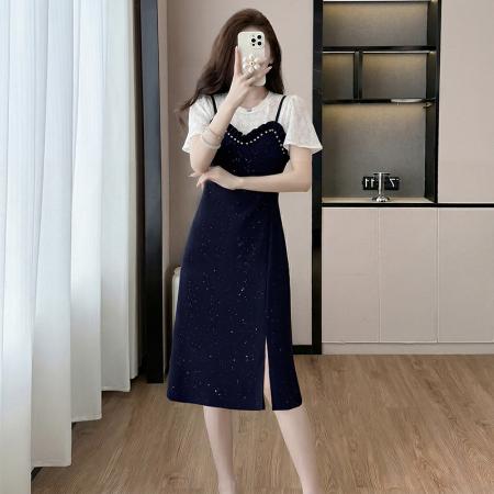 BY16483# 时尚高级设计师夏季新款气质女装拼接重工褶皱显瘦连衣裙  服裝批發女裝批發服飾貨源