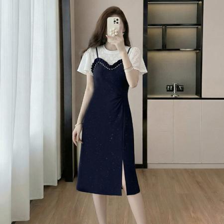 BY16483# 时尚高级设计师夏季新款气质女装拼接重工褶皱显瘦连衣裙  服裝批發女裝批發服飾貨源