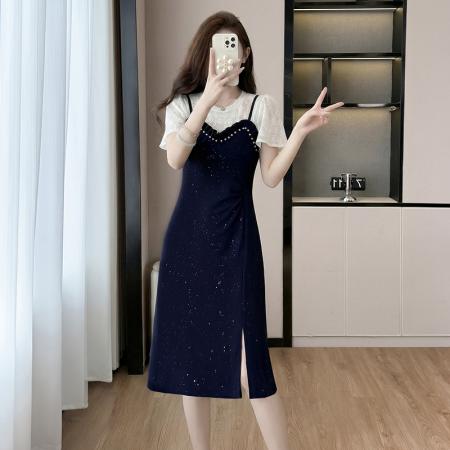 BY16483# 时尚高级设计师夏季新款气质女装拼接重工褶皱显瘦连衣裙  服裝批發女裝批發服飾貨源