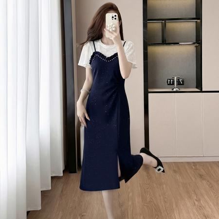 BY16483# 时尚高级设计师夏季新款气质女装拼接重工褶皱显瘦连衣裙  服裝批發女裝批發服飾貨源