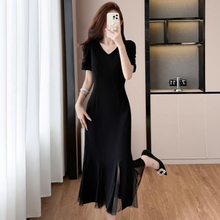 岚天鹅26春夏显瘦气质黑色收腰长裙V领优雅桑蚕丝连衣裙  服裝批發女裝批發服飾貨源