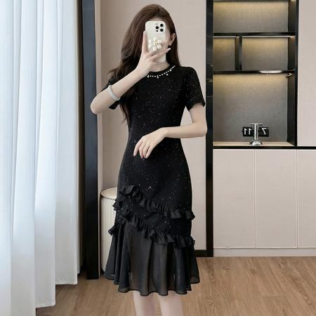 BY16486# 法式轻奢连衣裙女夏款高级质感洋气别致长裙子显瘦时尚网纱鱼尾裙  服裝批發女裝批發服飾貨源