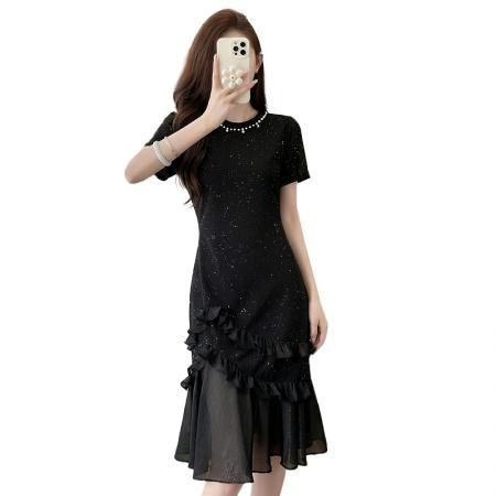 BY16486# 法式轻奢连衣裙女夏款高级质感洋气别致长裙子显瘦时尚网纱鱼尾裙  服裝批發女裝批發服飾貨源