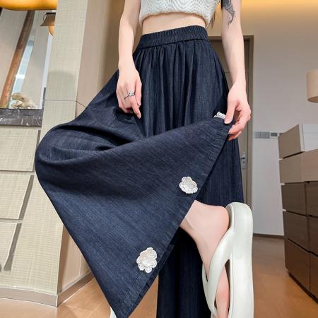 BY16488# 夏季新款日系复古立体花朵九分牛仔阔腿裤女显瘦A字裙裤  服裝批發女裝批發服飾貨源