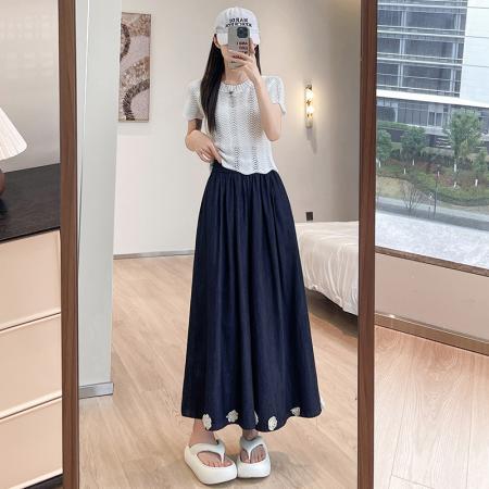 BY16488# 夏季新款日系复古立体花朵九分牛仔阔腿裤女显瘦A字裙裤  服裝批發女裝批發服飾貨源