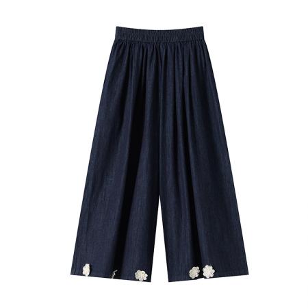 BY16488# 夏季新款日系复古立体花朵九分牛仔阔腿裤女显瘦A字裙裤  服裝批發女裝批發服飾貨源
