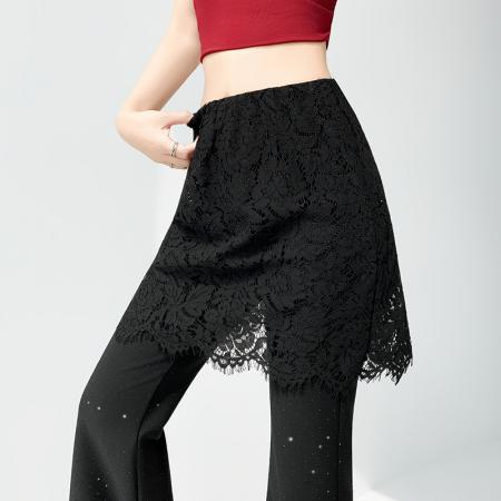 BY16489# 假两件蕾丝屁帘烫钻裤子女夏季薄款高腰弹力休闲垂感微喇叭裤  服裝批發女裝批發服飾貨源