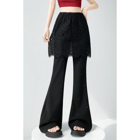 BY16489# 假两件蕾丝屁帘烫钻裤子女夏季薄款高腰弹力休闲垂感微喇叭裤  服裝批發女裝批發服飾貨源