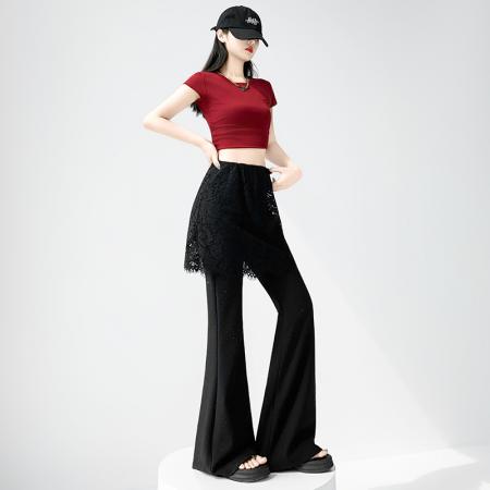 BY16489# 假两件蕾丝屁帘烫钻裤子女夏季薄款高腰弹力休闲垂感微喇叭裤  服裝批發女裝批發服飾貨源