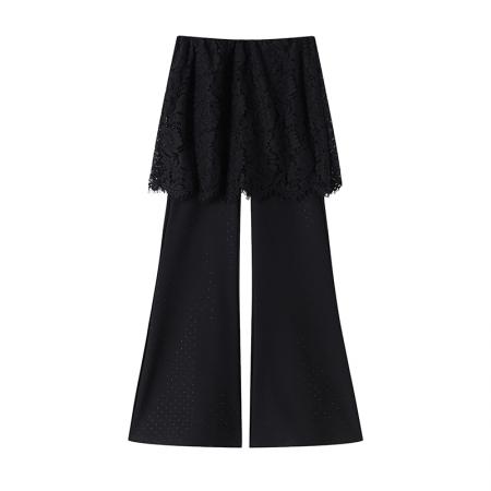 BY16489# 假两件蕾丝屁帘烫钻裤子女夏季薄款高腰弹力休闲垂感微喇叭裤  服裝批發女裝批發服飾貨源