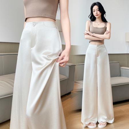 BY16492# 冰丝缎面高级感阔腿西装裤女夏季新款高腰显瘦垂感拖地裤  服裝批發女裝批發服飾貨源
