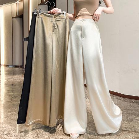 BY16492# 冰丝缎面高级感阔腿西装裤女夏季新款高腰显瘦垂感拖地裤  服裝批發女裝批發服飾貨源