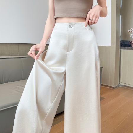 BY16492# 冰丝缎面高级感阔腿西装裤女夏季新款高腰显瘦垂感拖地裤  服裝批發女裝批發服飾貨源