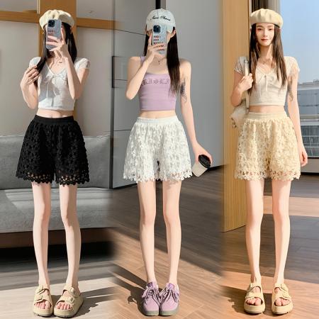 BY16493# 蕾丝短裤女夏季外穿镂空女裤松紧高腰宽松阔腿裤裤子辣妹热裤  服裝批發女裝批發服飾貨源