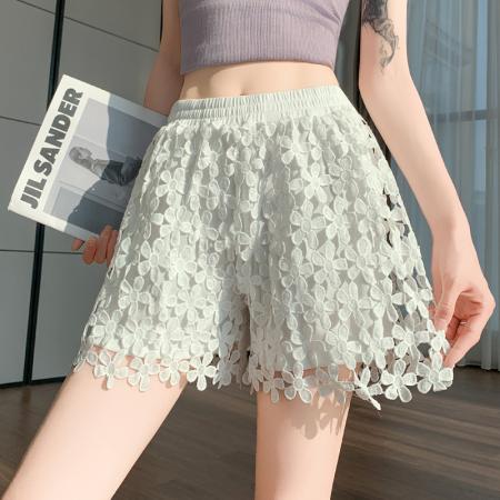 BY16493# 蕾丝短裤女夏季外穿镂空女裤松紧高腰宽松阔腿裤裤子辣妹热裤  服裝批發女裝批發服飾貨源