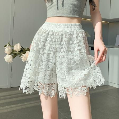 BY16494# 蕾丝镂空短裤女夏季薄款高腰显瘦宽松阔腿松紧腰a字外穿裤子  服裝批發女裝批發服飾貨源