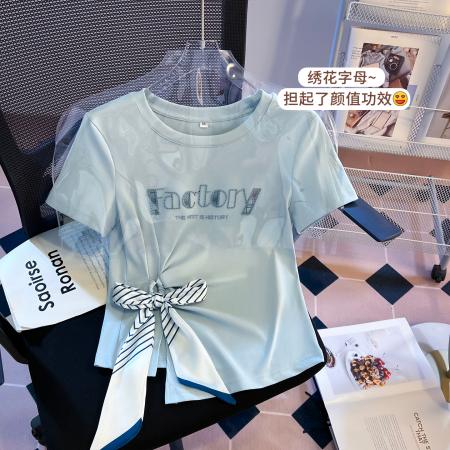 BY16495# 不规则短袖上衣女夏季新款法式通勤气质设计感温柔风T恤  服裝批發女裝批發服飾貨源