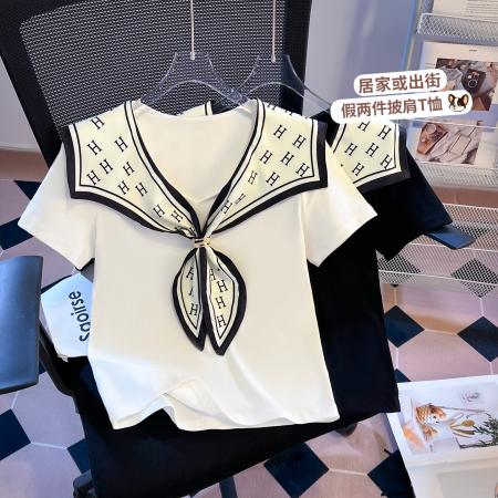 BY16496# 假两件披肩短袖T恤女夏季爆款设计感洋气正肩百搭上衣  服裝批發女裝批發服飾貨源