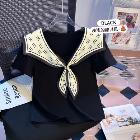 BY16496# 假两件披肩短袖T恤女夏季爆款设计感洋气正肩百搭上衣  服裝批發女裝批發服飾貨源