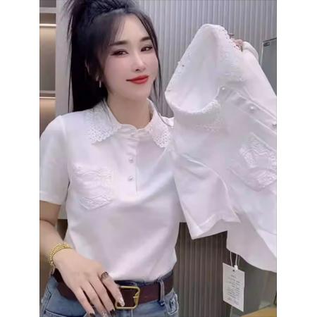 BY16499# 欧货设计感钩花蕾丝翻领短袖衬衫女秀吉新款气质洋气显瘦上衣  服裝批發女裝批發服飾貨源