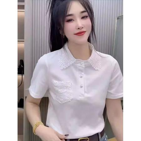 BY16499# 欧货设计感钩花蕾丝翻领短袖衬衫女秀吉新款气质洋气显瘦上衣  服裝批發女裝批發服飾貨源