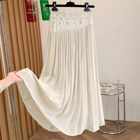 BY16501# ·文艺纯色百搭仙气感中长款裙子女时尚烫钻点缀显瘦半身裙  服裝批發女裝批發服飾貨源