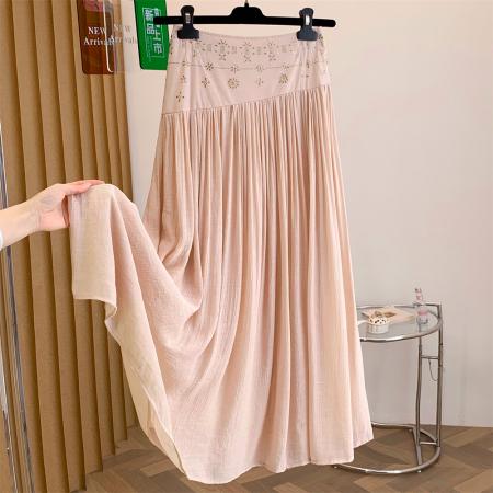 BY16501# ·文艺纯色百搭仙气感中长款裙子女时尚烫钻点缀显瘦半身裙  服裝批發女裝批發服飾貨源