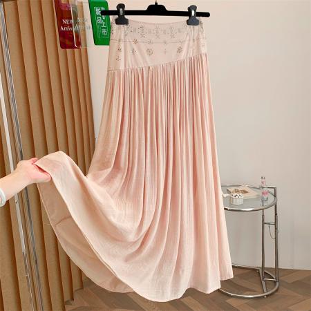 BY16501# ·文艺纯色百搭仙气感中长款裙子女时尚烫钻点缀显瘦半身裙  服裝批發女裝批發服飾貨源