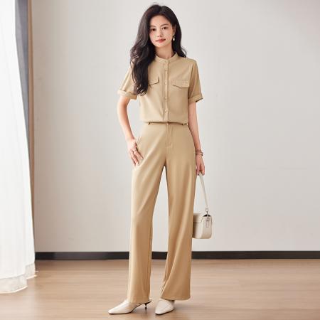 BY16503# 单排扣立领上衣直筒长裤夏季简约商务时尚休闲套装女  服裝批發女裝批發服飾貨源