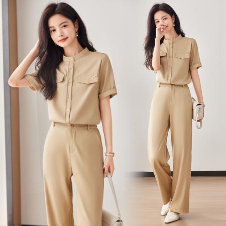 BY16503# 单排扣立领上衣直筒长裤夏季简约商务时尚休闲套装女  服裝批發女裝批發服飾貨源