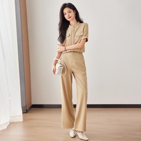 BY16503# 单排扣立领上衣直筒长裤夏季简约商务时尚休闲套装女  服裝批發女裝批發服飾貨源