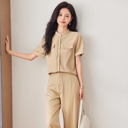BY16503# 单排扣立领上衣直筒长裤夏季简约商务时尚休闲套装女  服裝批發女裝批發服飾貨源