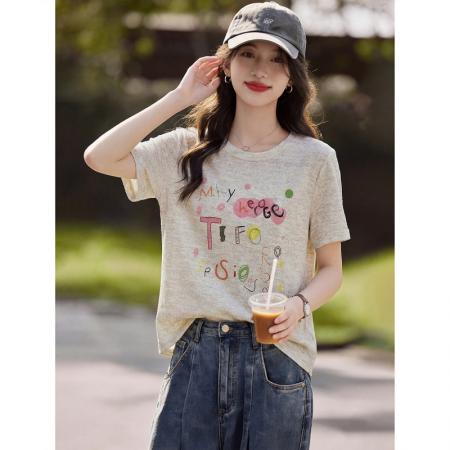 BY16504# 美式彩绘趣味涂鸦上衣26夏季时尚休闲针织印花短袖T恤  服裝批發女裝批發服飾貨源