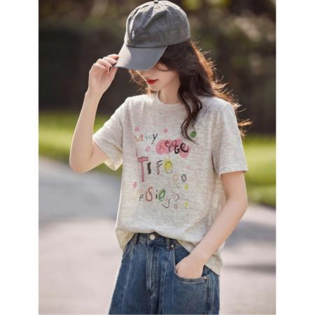 BY16504# 美式彩绘趣味涂鸦上衣26夏季时尚休闲针织印花短袖T恤  服裝批發女裝批發服飾貨源