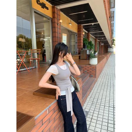 BY16505# 图早春穿搭一字肩绑带短袖t恤女夏新款独特绝美掐腰上衣  服裝批發女裝批發服飾貨源