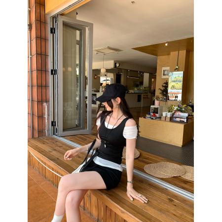 BY16505# 图早春穿搭一字肩绑带短袖t恤女夏新款独特绝美掐腰上衣  服裝批發女裝批發服飾貨源