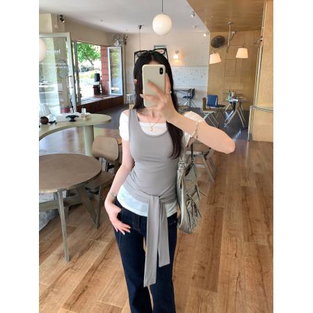 BY16505# 图早春穿搭一字肩绑带短袖t恤女夏新款独特绝美掐腰上衣  服裝批發女裝批發服飾貨源