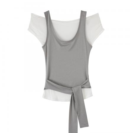 BY16505# 图早春穿搭一字肩绑带短袖t恤女夏新款独特绝美掐腰上衣  服裝批發女裝批發服飾貨源