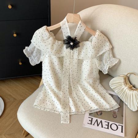 BY16506# 小香风波点雪纺衬衫女纯欲一字肩上衣高级感独特绝美衬衣  服裝批發女裝批發服飾貨源