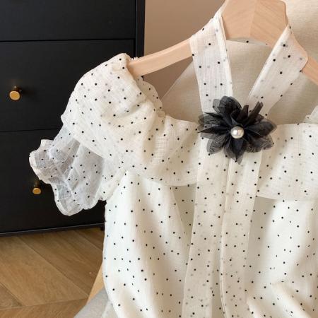 BY16506# 小香风波点雪纺衬衫女纯欲一字肩上衣高级感独特绝美衬衣  服裝批發女裝批發服飾貨源