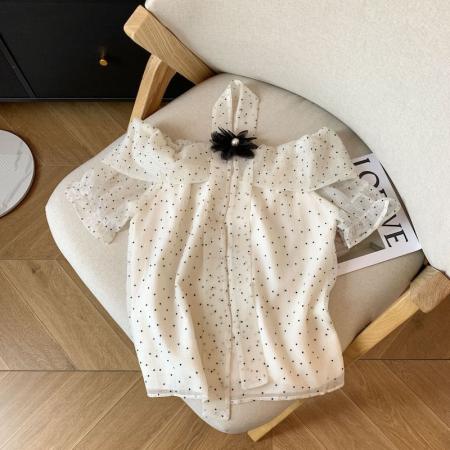 BY16506# 小香风波点雪纺衬衫女纯欲一字肩上衣高级感独特绝美衬衣  服裝批發女裝批發服飾貨源