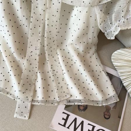 BY16506# 小香风波点雪纺衬衫女纯欲一字肩上衣高级感独特绝美衬衣  服裝批發女裝批發服飾貨源