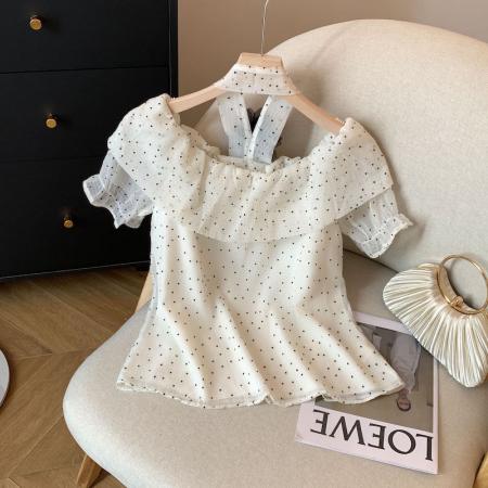 BY16506# 小香风波点雪纺衬衫女纯欲一字肩上衣高级感独特绝美衬衣  服裝批發女裝批發服飾貨源