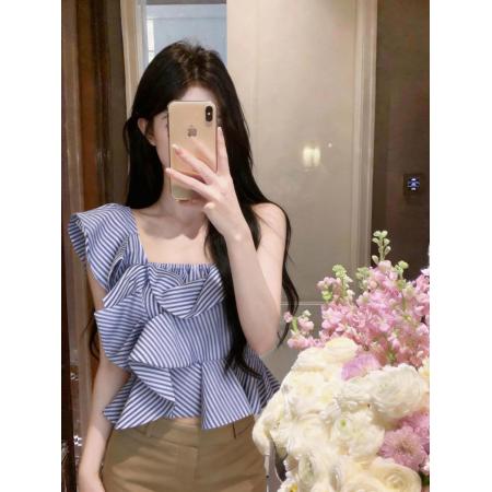 BY16508# 单肩上衣女设计感小众吊带不规则荷叶边短款条纹衬衫  服裝批發女裝批發服飾貨源