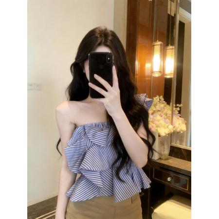 BY16508# 单肩上衣女设计感小众吊带不规则荷叶边短款条纹衬衫  服裝批發女裝批發服飾貨源
