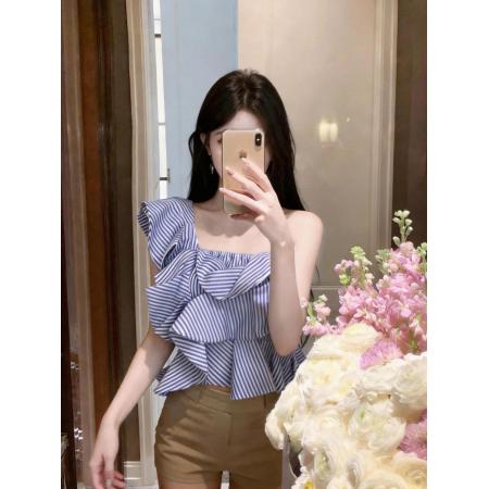 BY16508# 单肩上衣女设计感小众吊带不规则荷叶边短款条纹衬衫  服裝批發女裝批發服飾貨源