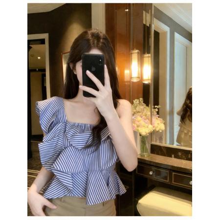 BY16508# 单肩上衣女设计感小众吊带不规则荷叶边短款条纹衬衫  服裝批發女裝批發服飾貨源
